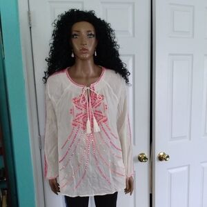 Sundance Cotton Crepe Long Sleeve Blouse With Embroidery And Sequins Size Large